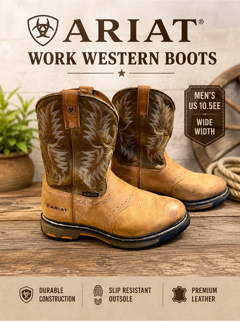 Ariat Men’s Work Hog Boots – Tan Leather | Wide Width | US 10.5 EE